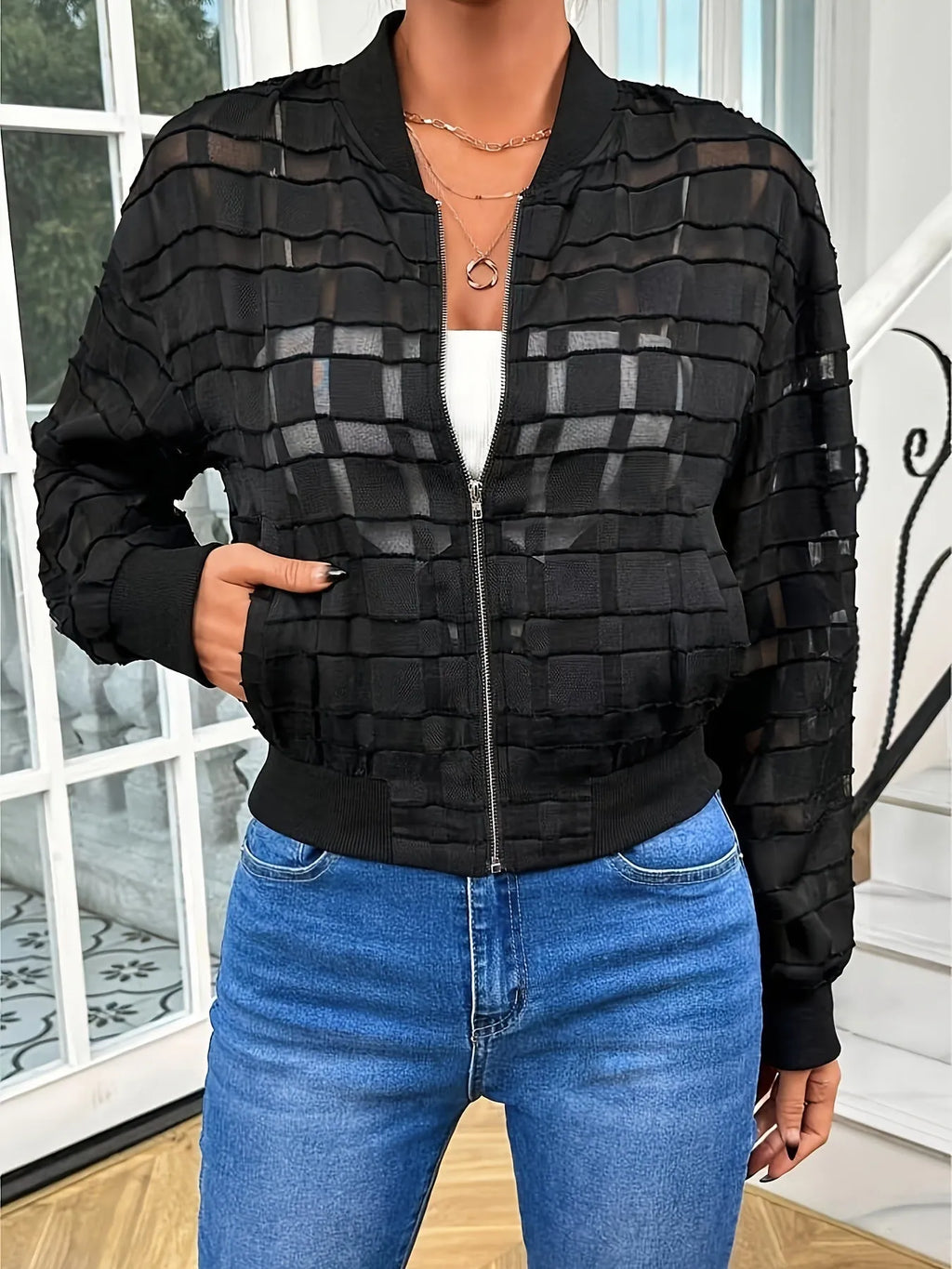 Black women's casual jacket with geometric pattern and semi-transparent thread detailing
