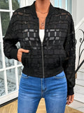 Black women's casual jacket with geometric pattern and semi-transparent thread detailing