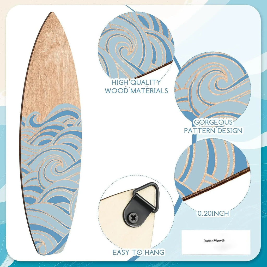 Set of three natural wood surfboard wall decorations on a white background