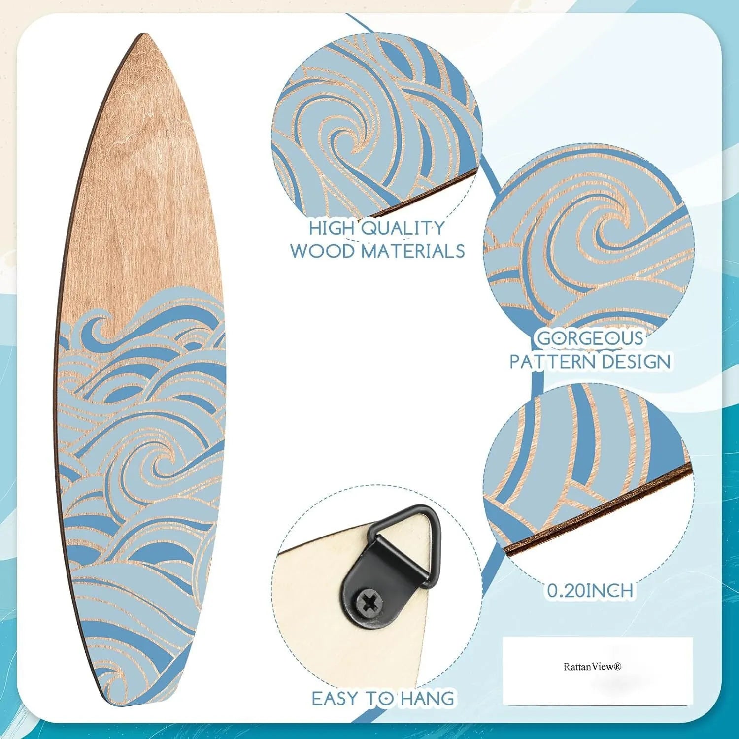 Set of three natural wood surfboard wall decorations on a white background