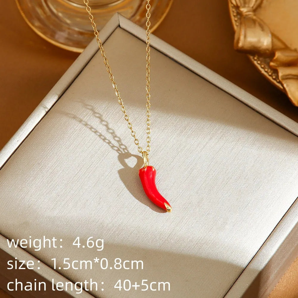 Women's titanium steel necklace with delicate strawberry, cherry and pepper charms on O-ring chain