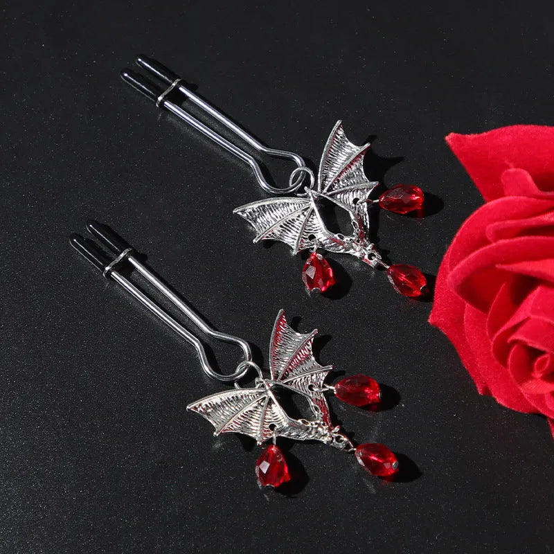 Silver alloy bat nipple clamp and adjustable clitoral clip set with ruby bat design