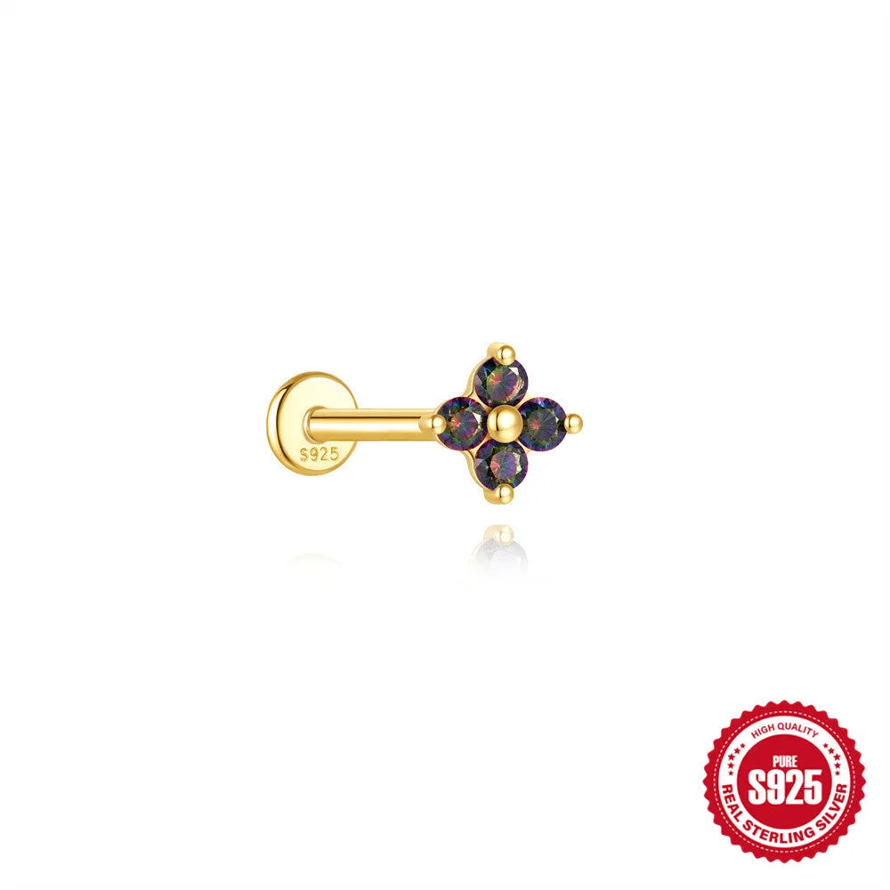 S925 sterling silver geometric flat head earring with a shiny rainbow stone on an alloy backing.