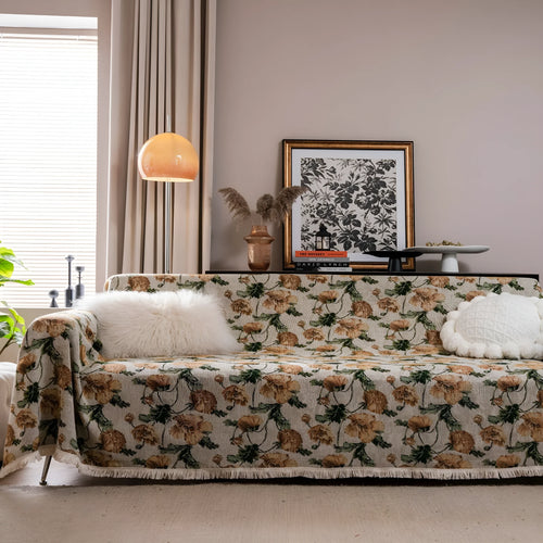 Thick jacquard floral sofa cover in American country style, showing detailed cherry flower pattern on white background.