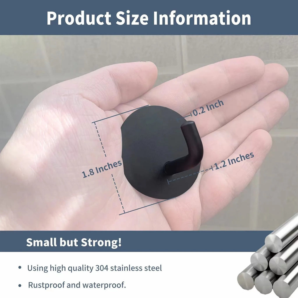 Stainless steel self-adhesive wall hook in black and polished silver finishes.