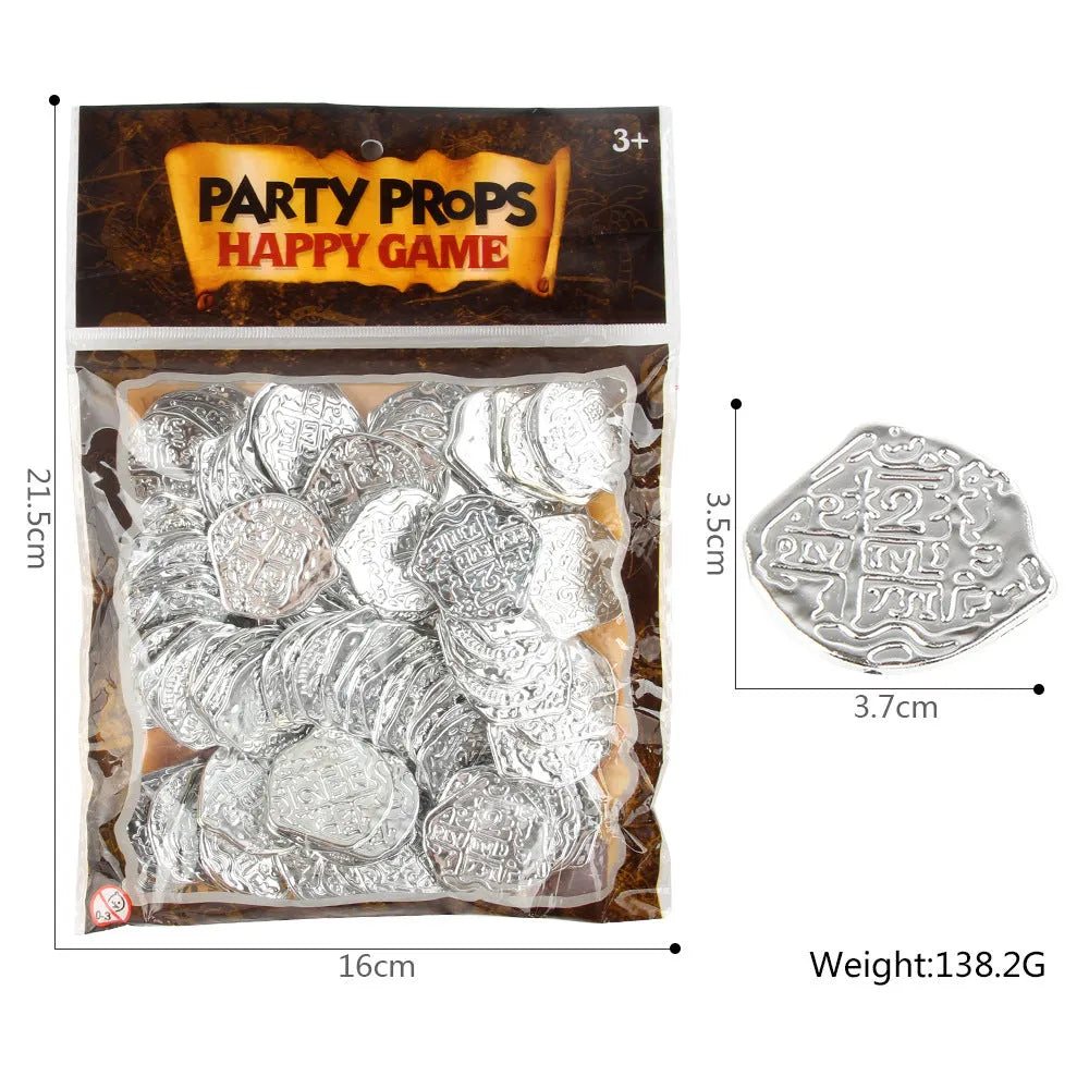 Set of 100 Doli Roman pirate coins with electroplated bronze, gold, and silver finishes for decoration.
