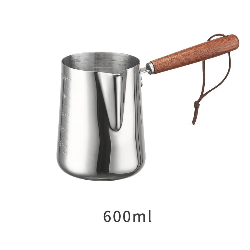 Stainless steel garland coffee cup with wooden handle showing ml scale, in three size options.
