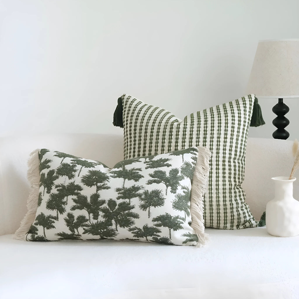 Green cotton and linen tassel hotel sample pillow with botanical pattern on brushed fabric pillowcase