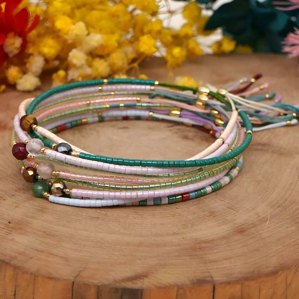 Women's handmade bohemian bracelet with semi-precious stone bead and colourful glass beads.