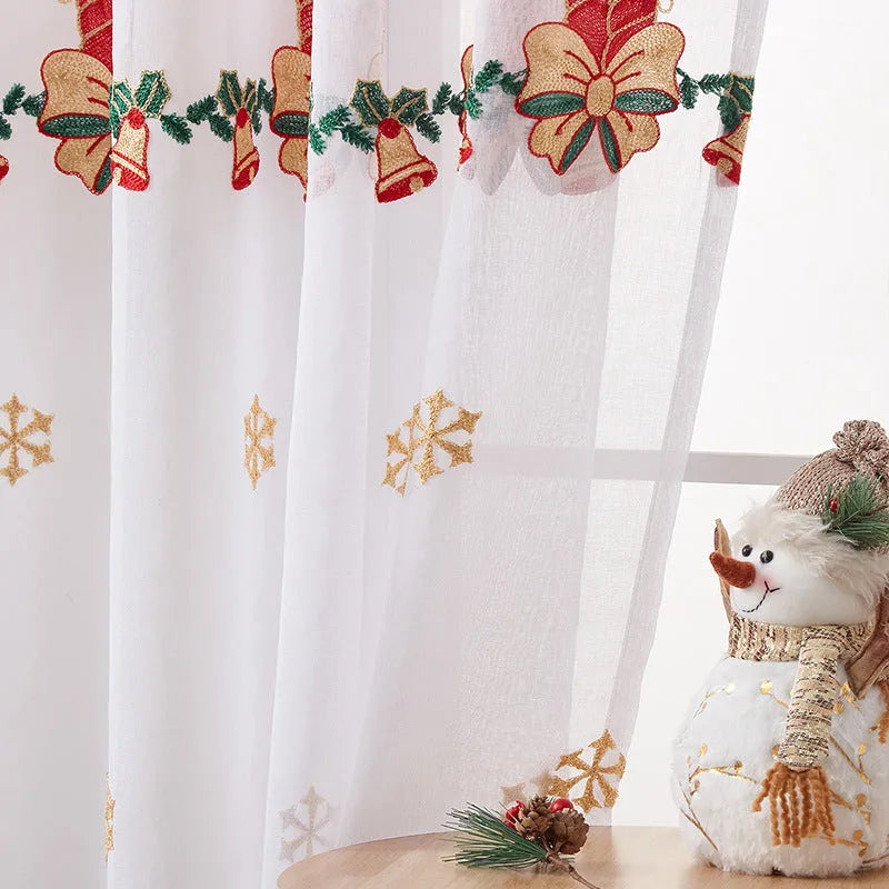American Christmas curtains with white snowflake embroidery on red polyester fabric