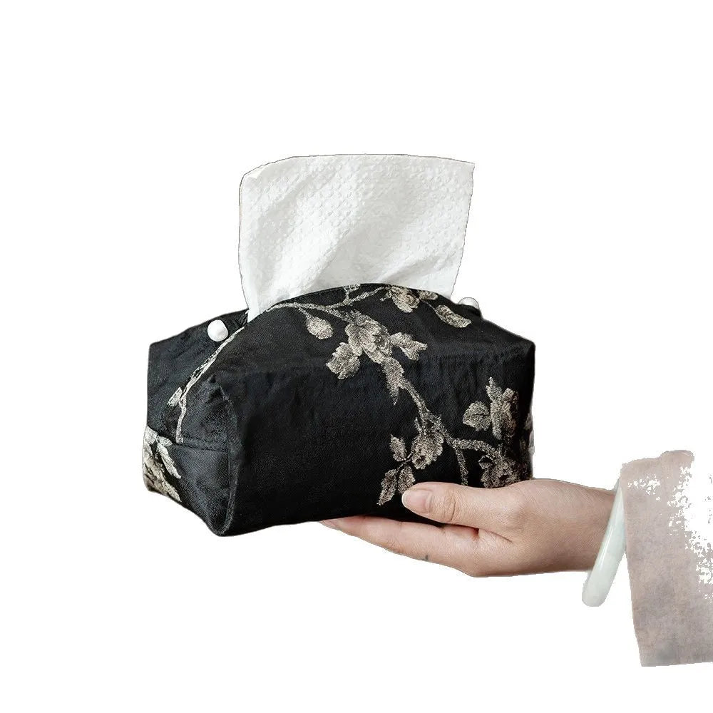 New Chinese style brocade fabric tissue box with embroidered white plum design