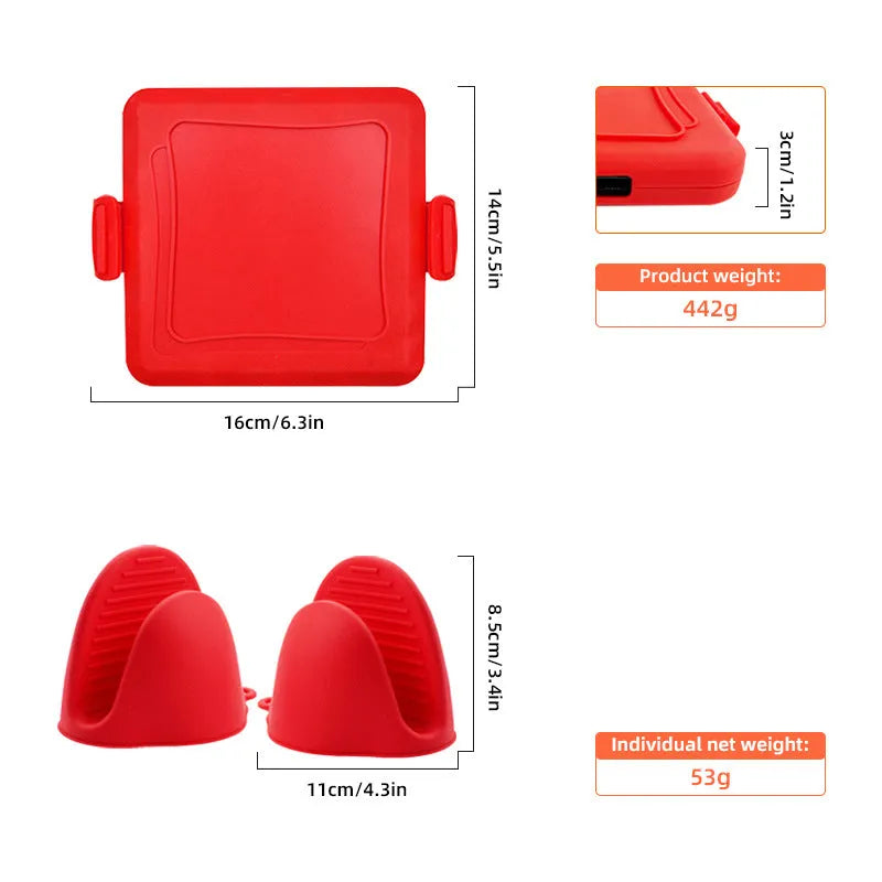 Red silicone baking tray with matching heat-resistant gloves on a kitchen counter.