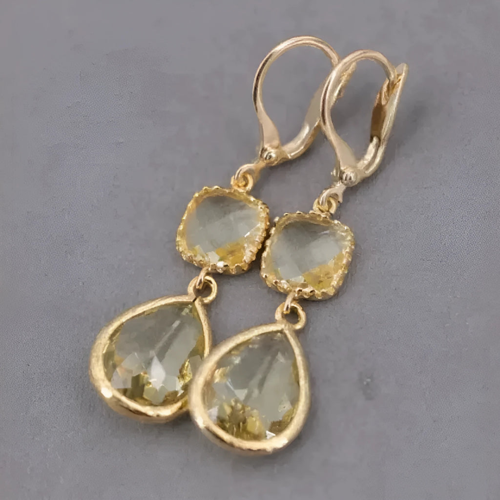 Gold retro geometric crystal long fringe earrings with water droplet design on copper with electroplated finish