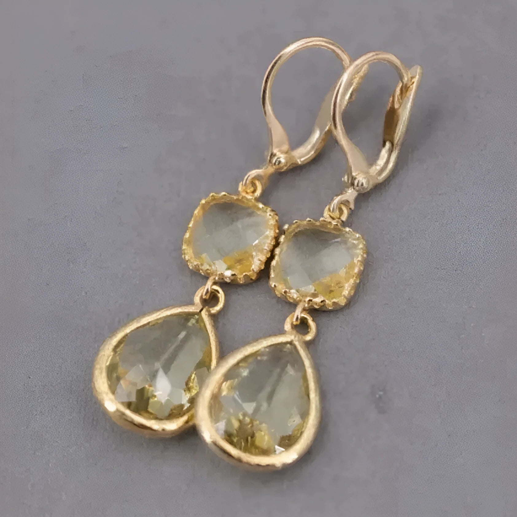 Gold retro geometric crystal long fringe earrings with water droplet design on copper with electroplated finish