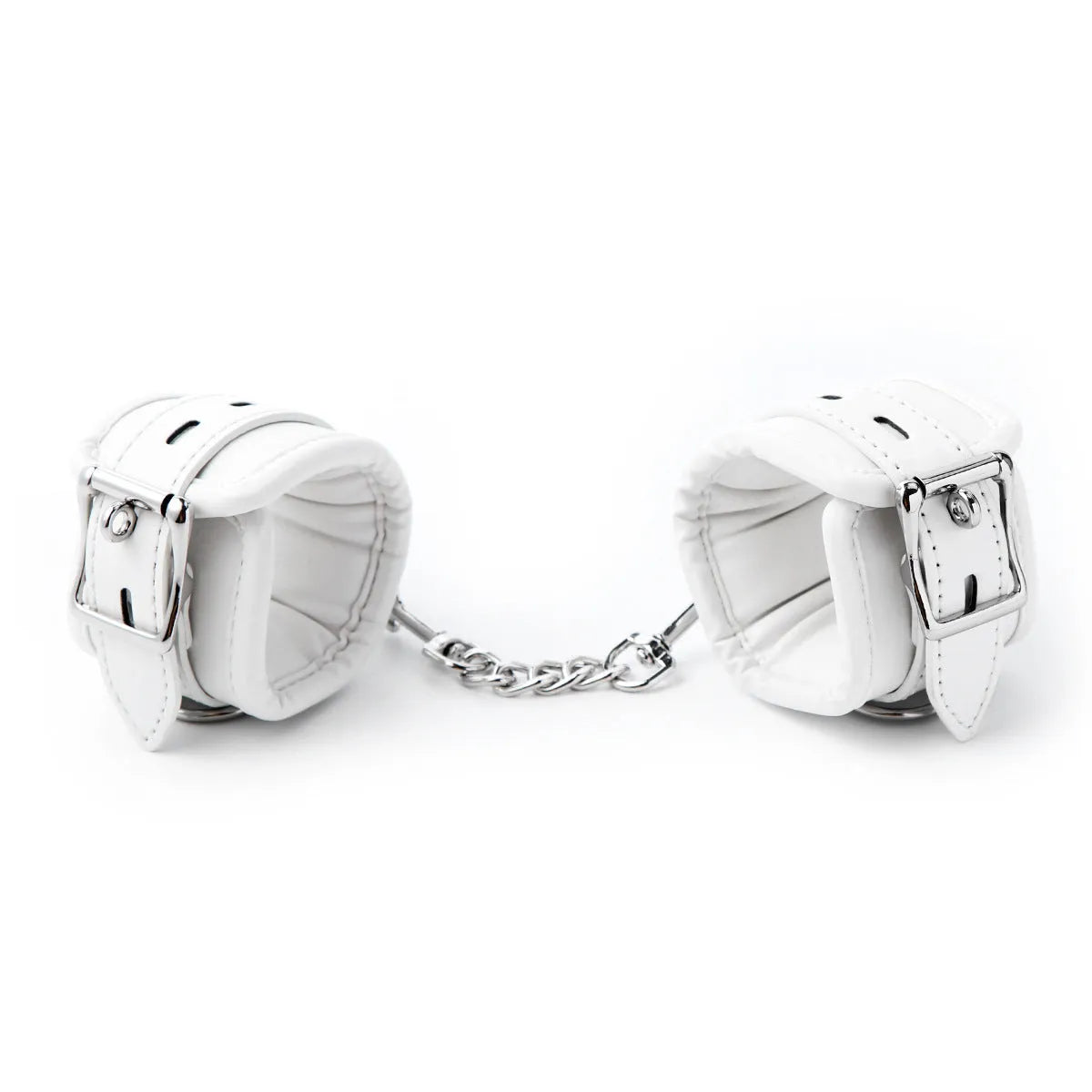 White PU sponge sex toy bondage kit showing handcuffs, foot cuffs, and a neck scarf arranged together.