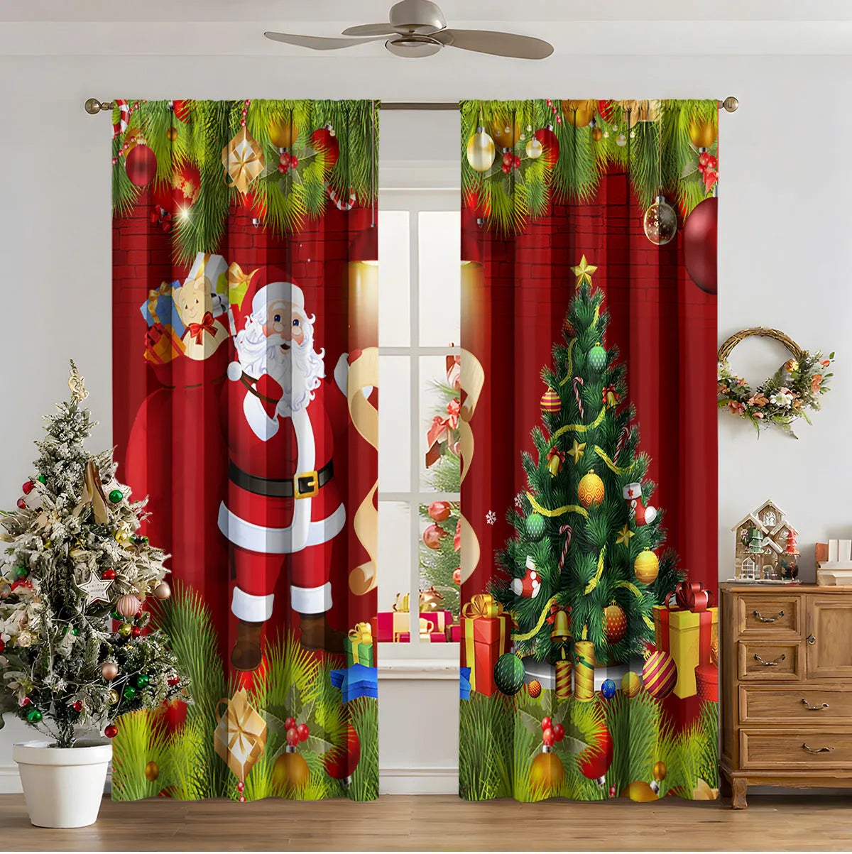 3D digitally printed modern Christmas curtain in a polyester fabric, showing one of fifteen available design styles.