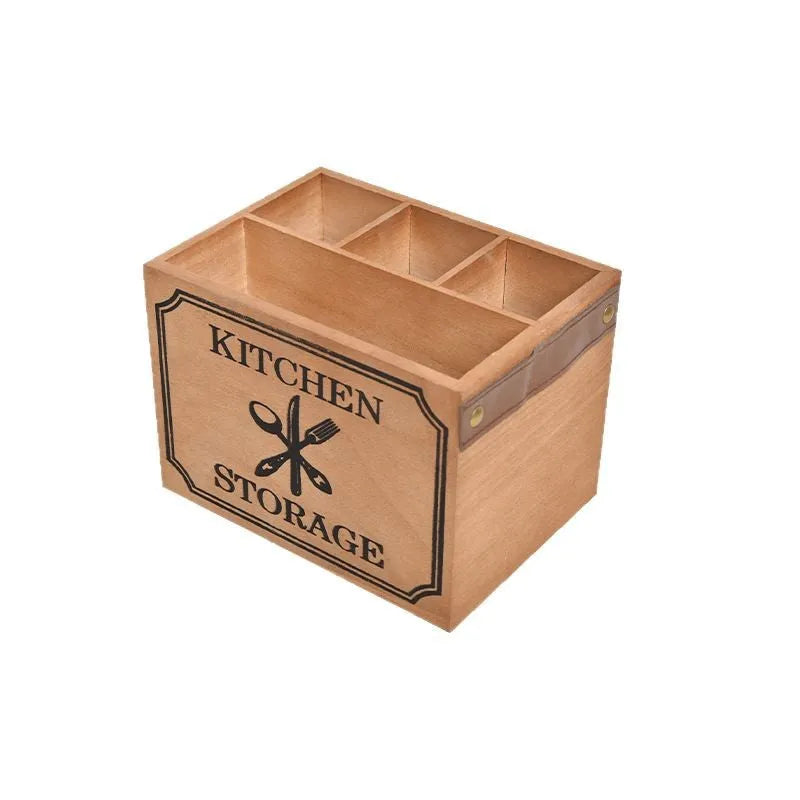 Solid wooden kitchen storage box with internal grid divider for knives, forks, and chopsticks.