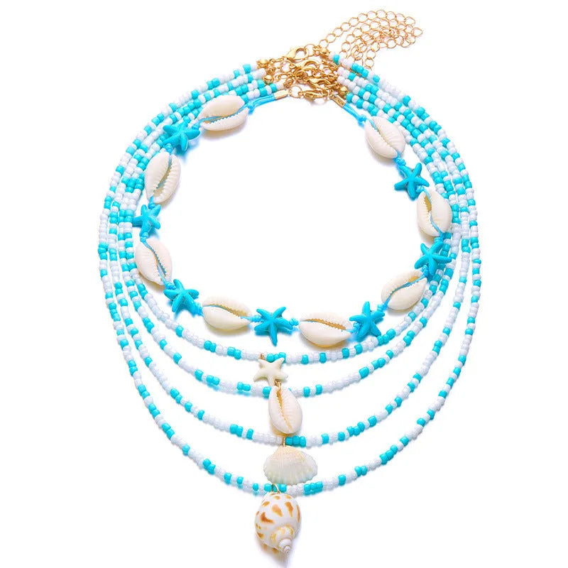 Multi-layer women's necklace set with starfish, shell and conch beads on adjustable 21-50cm perimeter