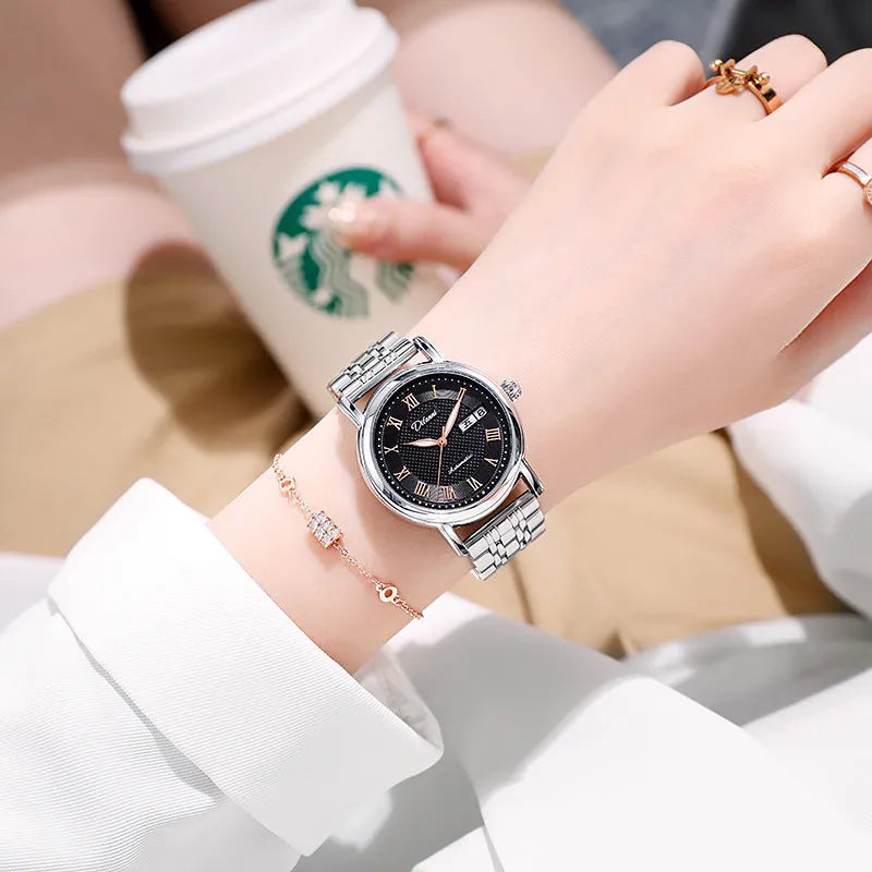Women's automatic mechanical fashion watch with 12mm thickness showing steel and leather strap options