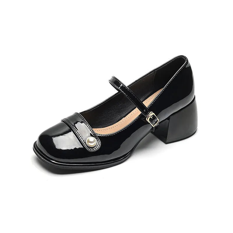 Plus size women's patent leather chunky heel pumps with square toe and buckle fastening in apricot colour.