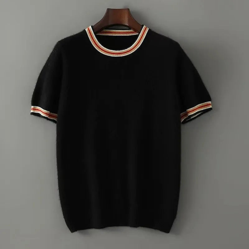 Men's pure wool short sleeve sweater round neck pullover in black, gray, white colours