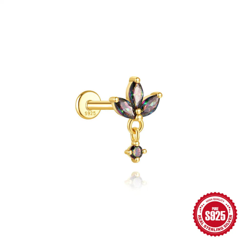 S925 sterling silver geometric flat head earring with a shiny rainbow stone on an alloy backing.