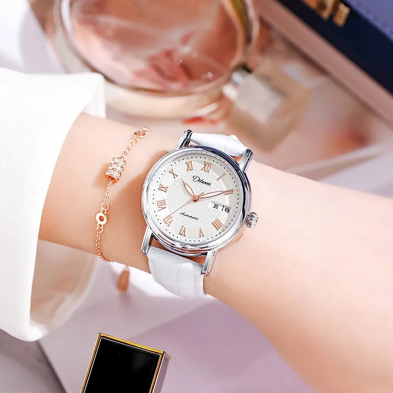 Women's automatic mechanical fashion watch with 12mm thickness showing steel and leather strap options