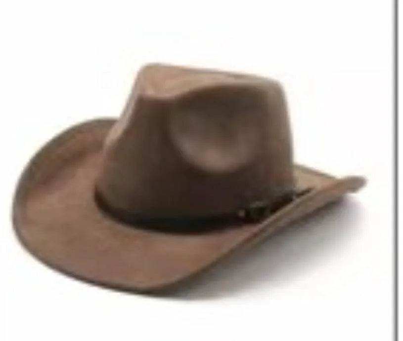 Brown leather velvet cowboy hat with curved brim and conical crown.