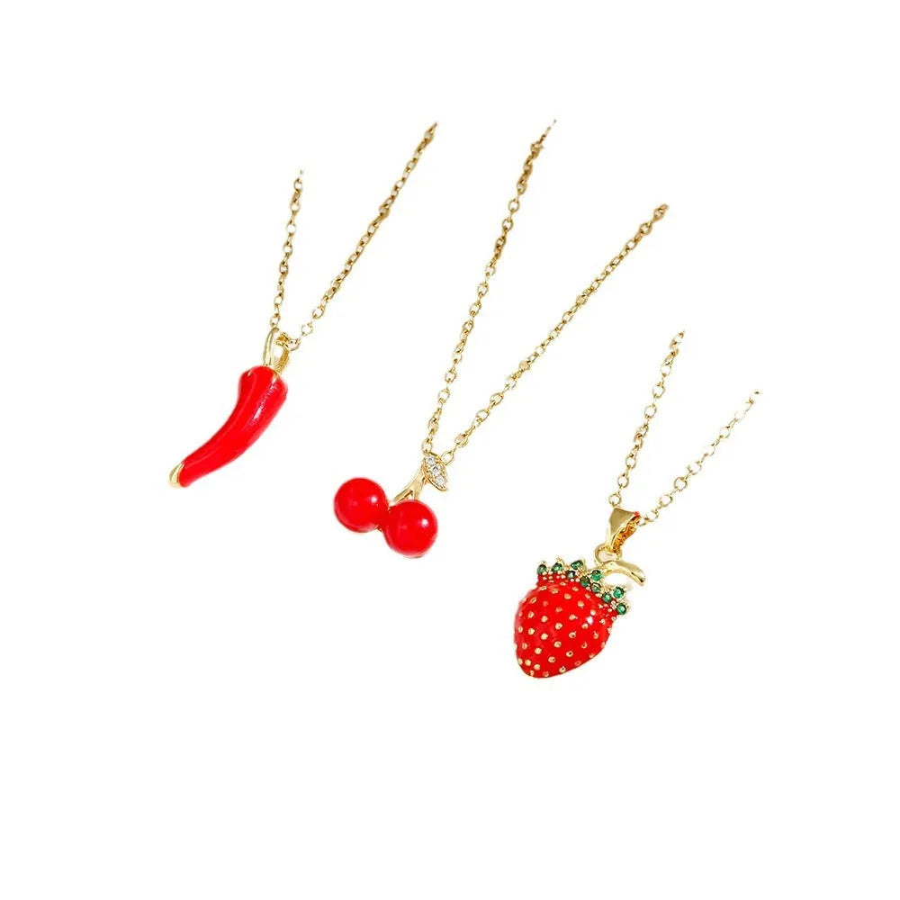 Women's titanium steel necklace with delicate strawberry, cherry and pepper charms on O-ring chain