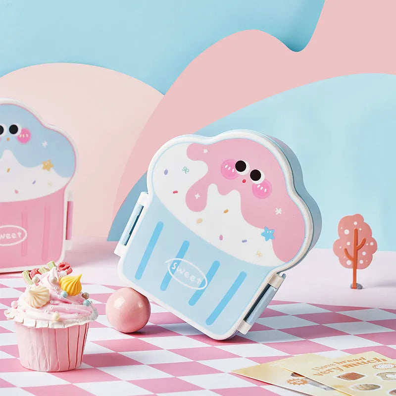 Creative ice cream shaped plastic lunch box with spoon and fork set in pink or blue colour