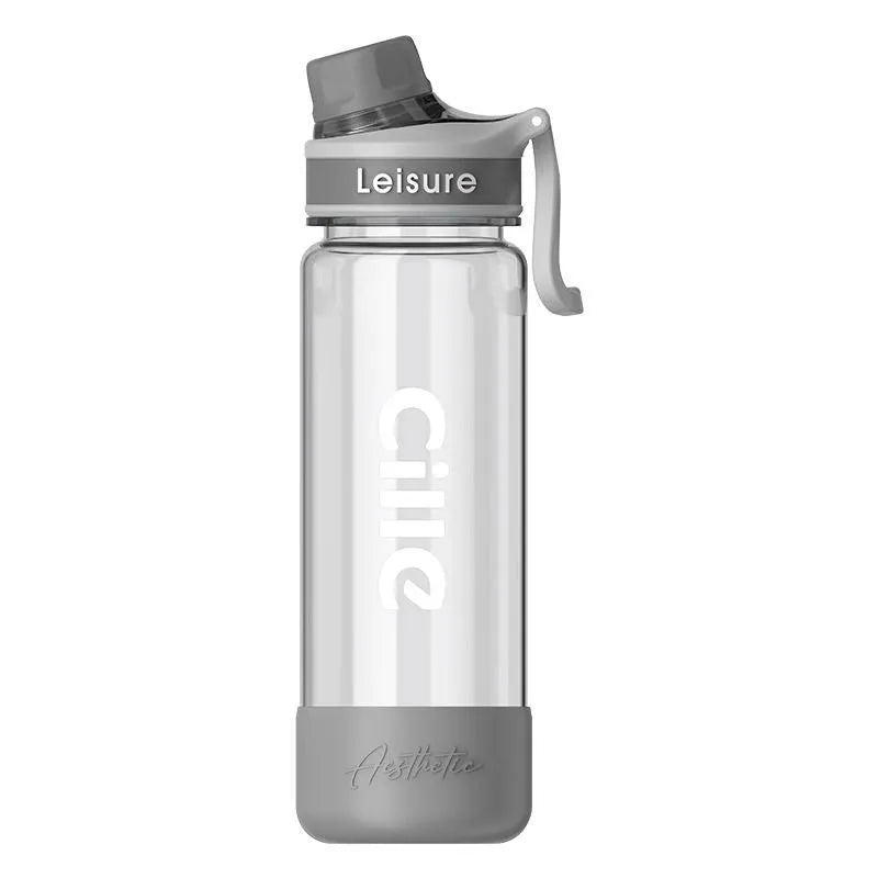Grey cartoon patterned plastic cup with built-in straw showing 1000ml capacity marking