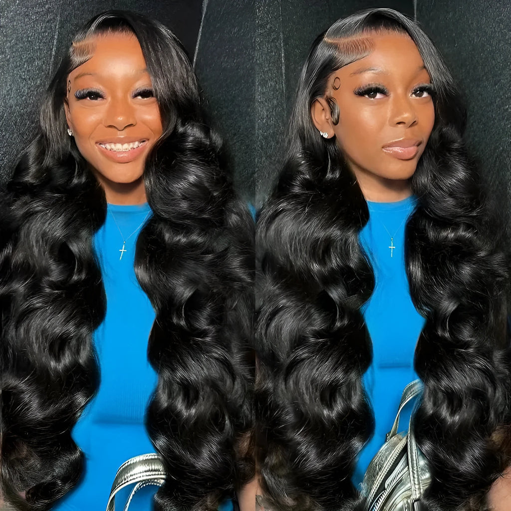 Black synthetic lace wig with big wave hairstyle, shown on a wig stand.