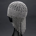 Belly dance headwear with alloy base, handmade beading, and 16.5cm tassels in silver or black mesh decoration