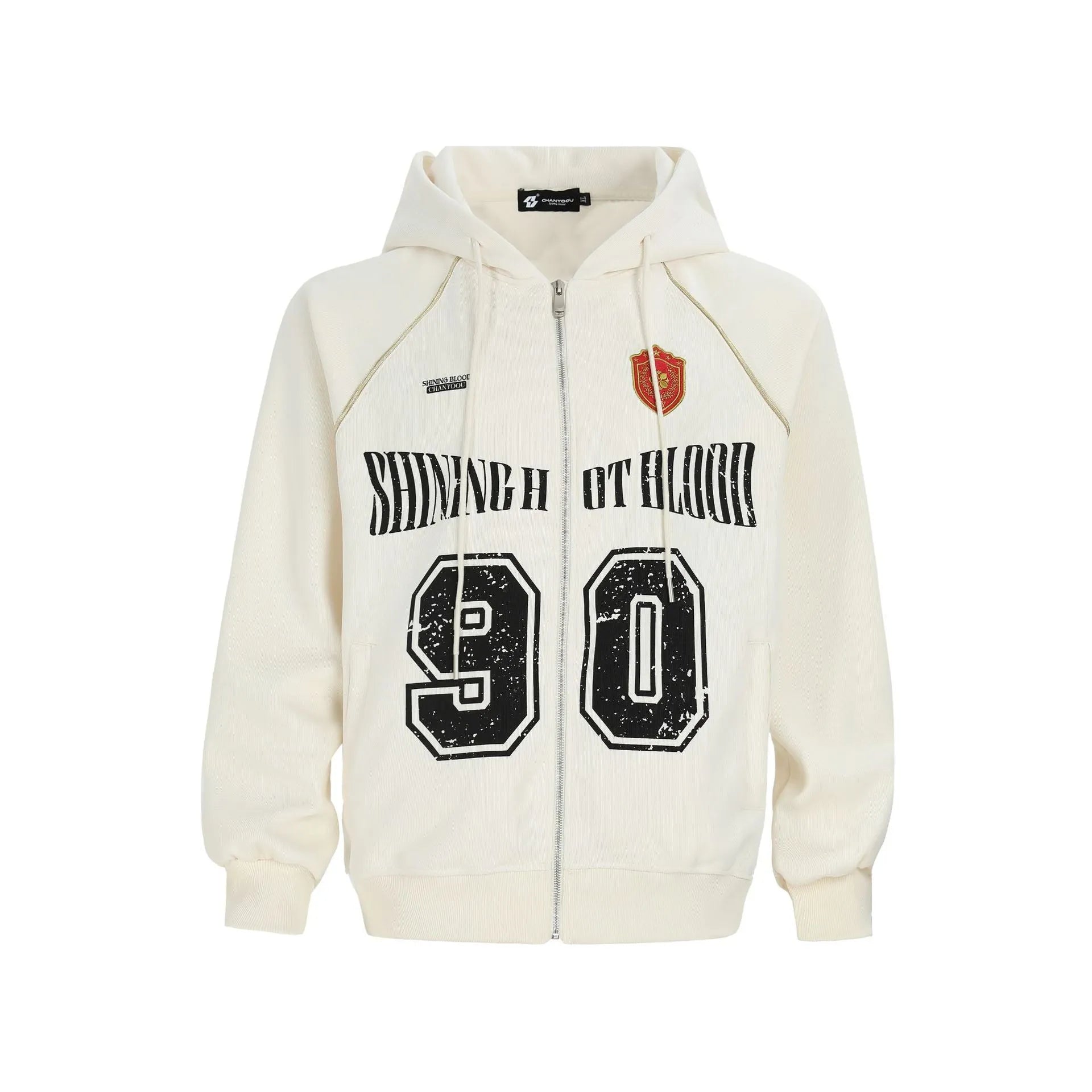 Women's loose fit hooded cardigan jacket with retro letter embroidery detail in apricot colour