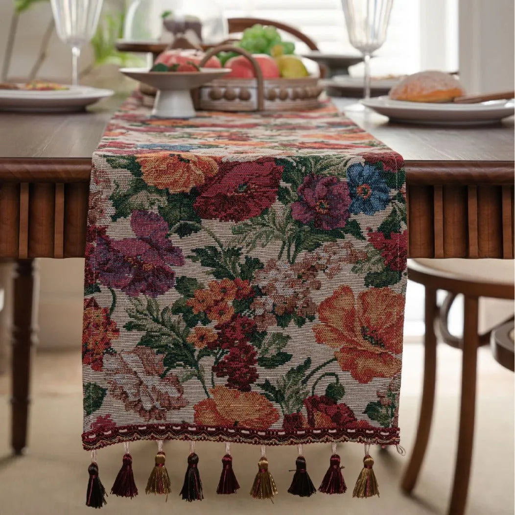 American-style Jacquard woven table runner with long tassels in floral pattern