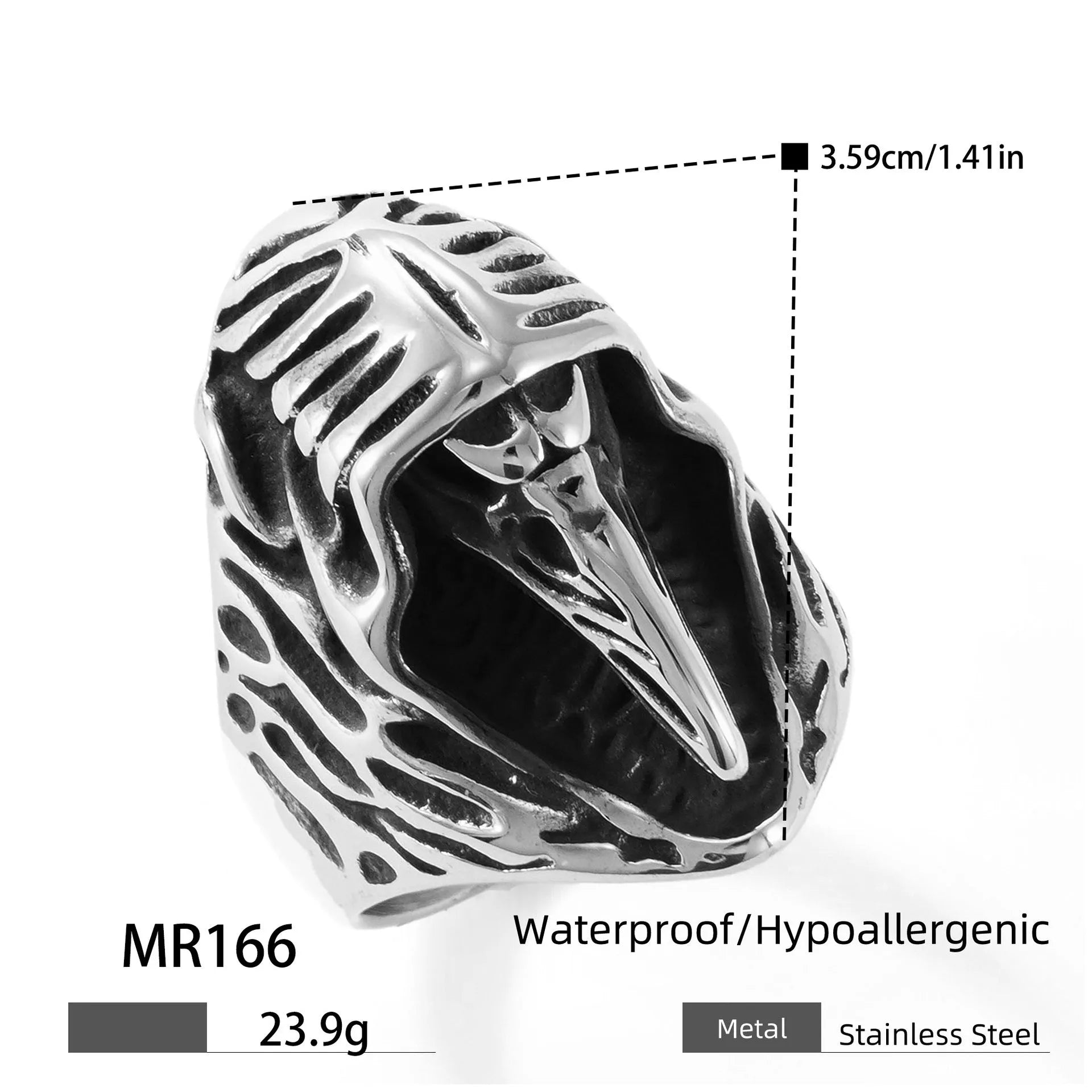 Crow geometric punk ring in titanium steel with retro MR166 colour, sizes 18-22