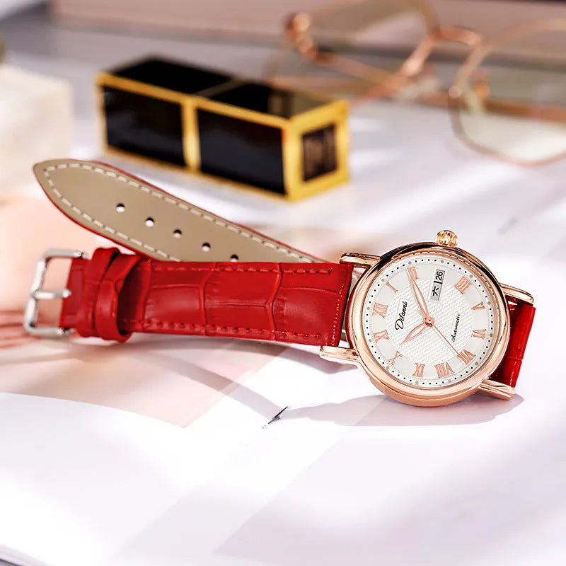 Women's automatic mechanical fashion watch with 12mm thickness showing steel and leather strap options