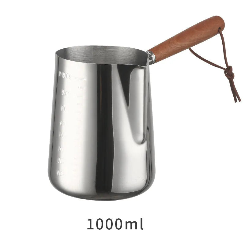 Stainless steel garland coffee cup with wooden handle showing ml scale, in three size options.