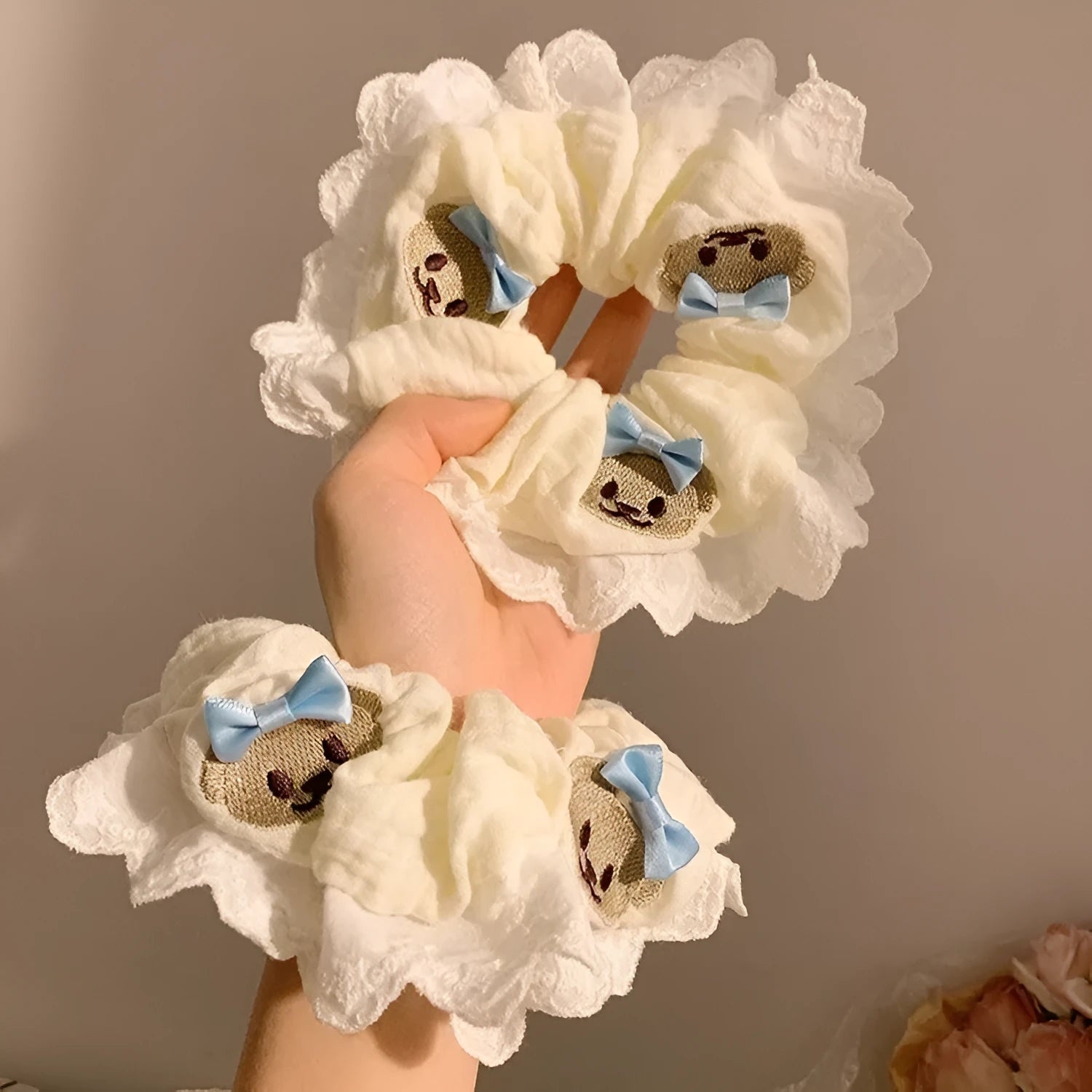 Bear blue bow lace large intestine style elastic hair ring with cloth material
