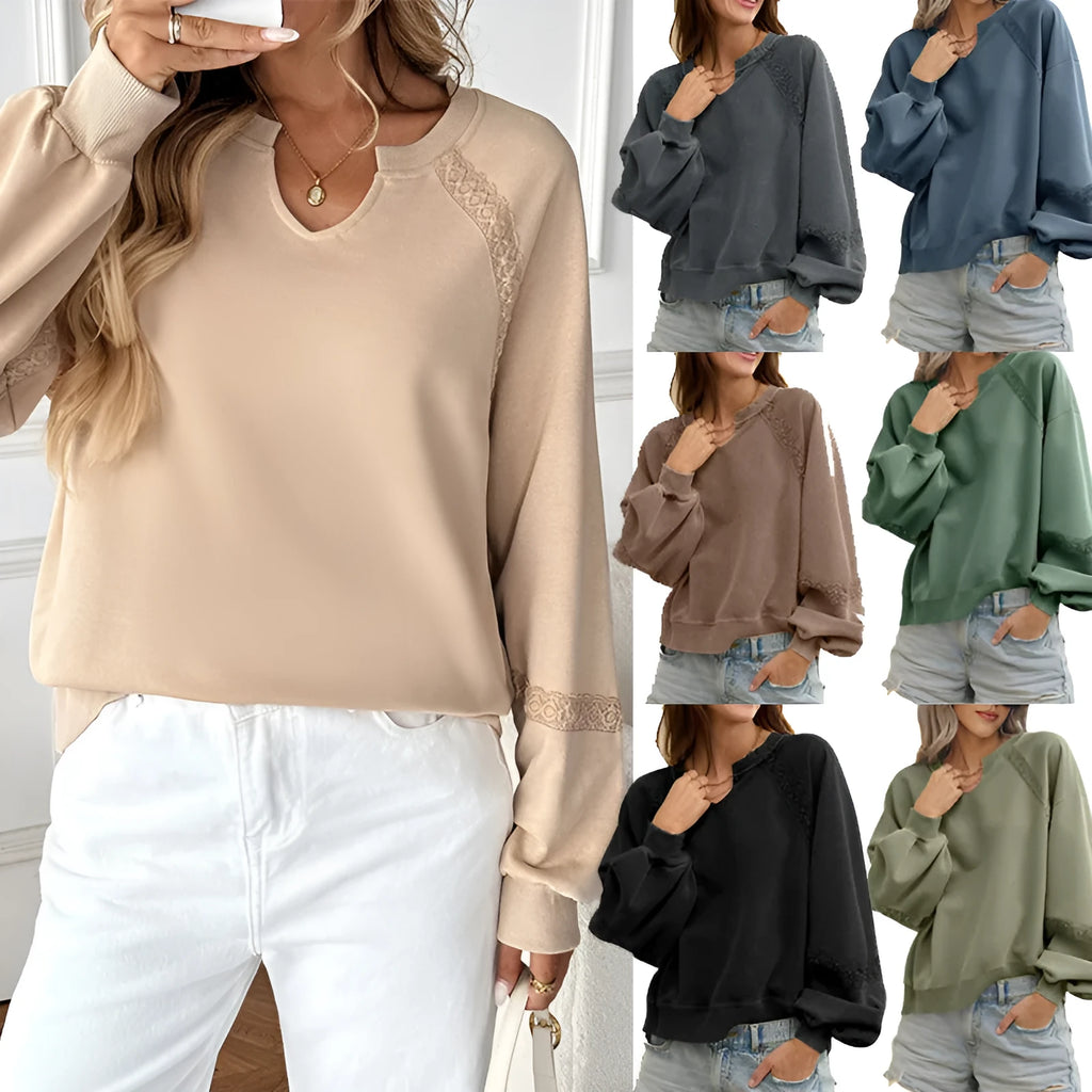 Women's loose fit sweater with half-open collar and stitching lace detail in solid colour