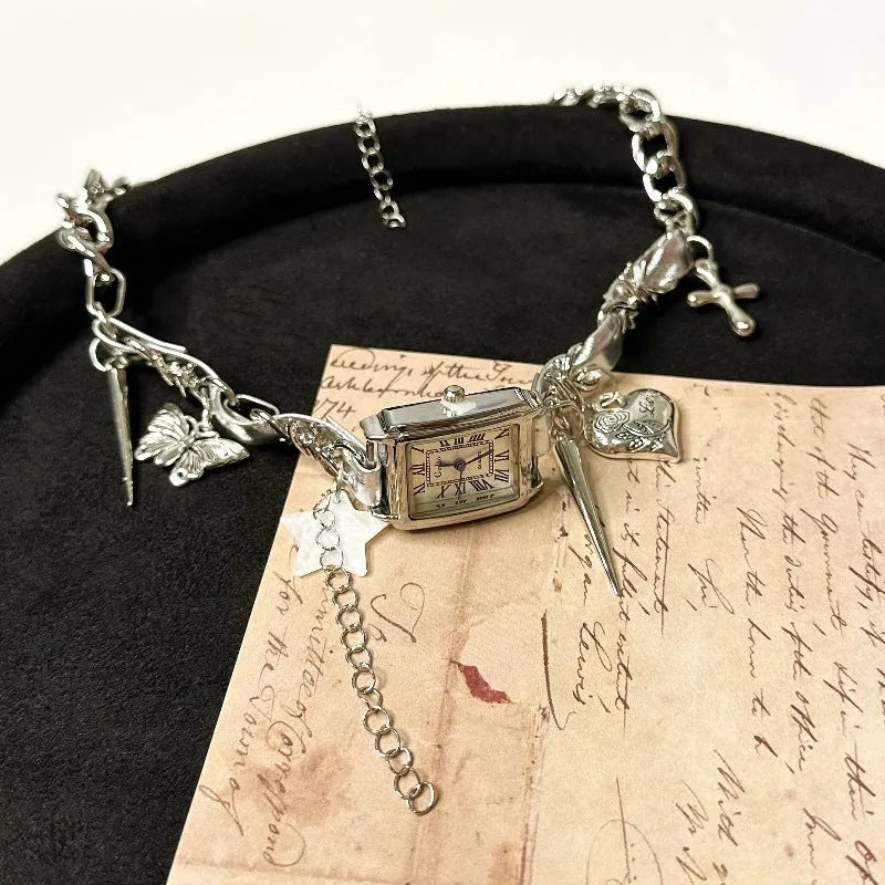 Dark multi-layer cross necklace with twin chains and hemp flowers detailing, adjustable 41-50cm length