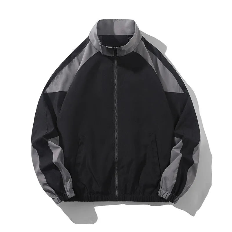 Men's black casual polyester jacket with contrast stitching and side seam pockets