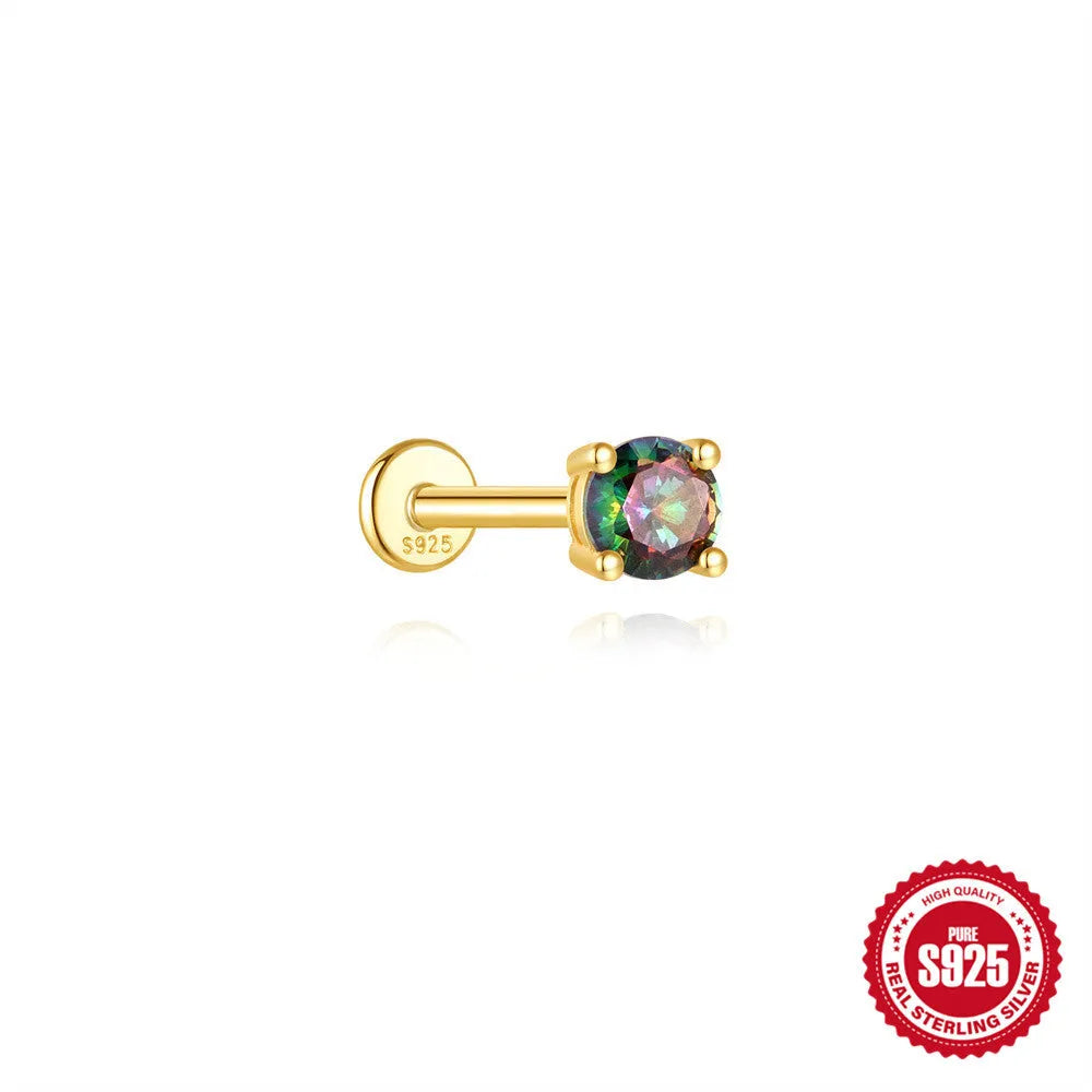 S925 sterling silver geometric flat head earring with a shiny rainbow stone on an alloy backing.