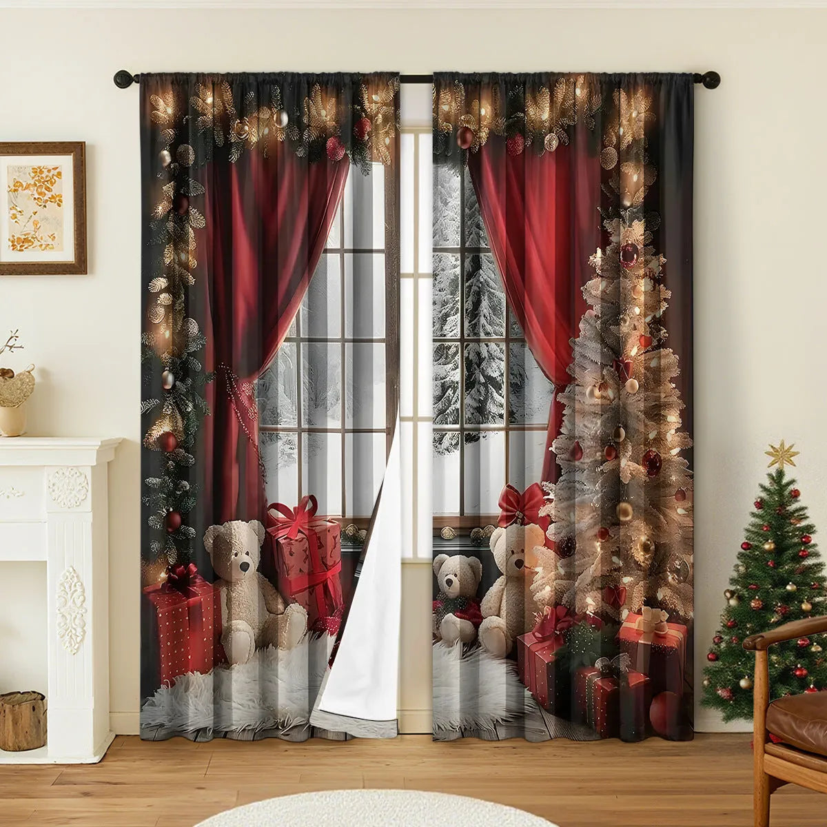 3D digitally printed Christmas curtains with European style patterns in polyester fabric