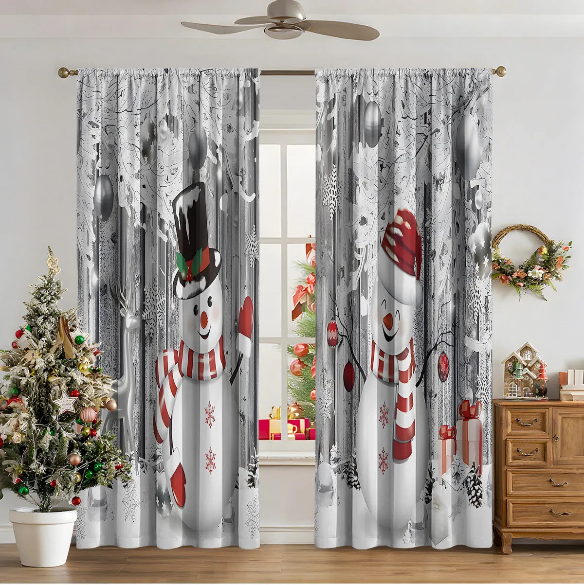 3D digitally printed modern Christmas curtain in a polyester fabric, showing one of fifteen available design styles.