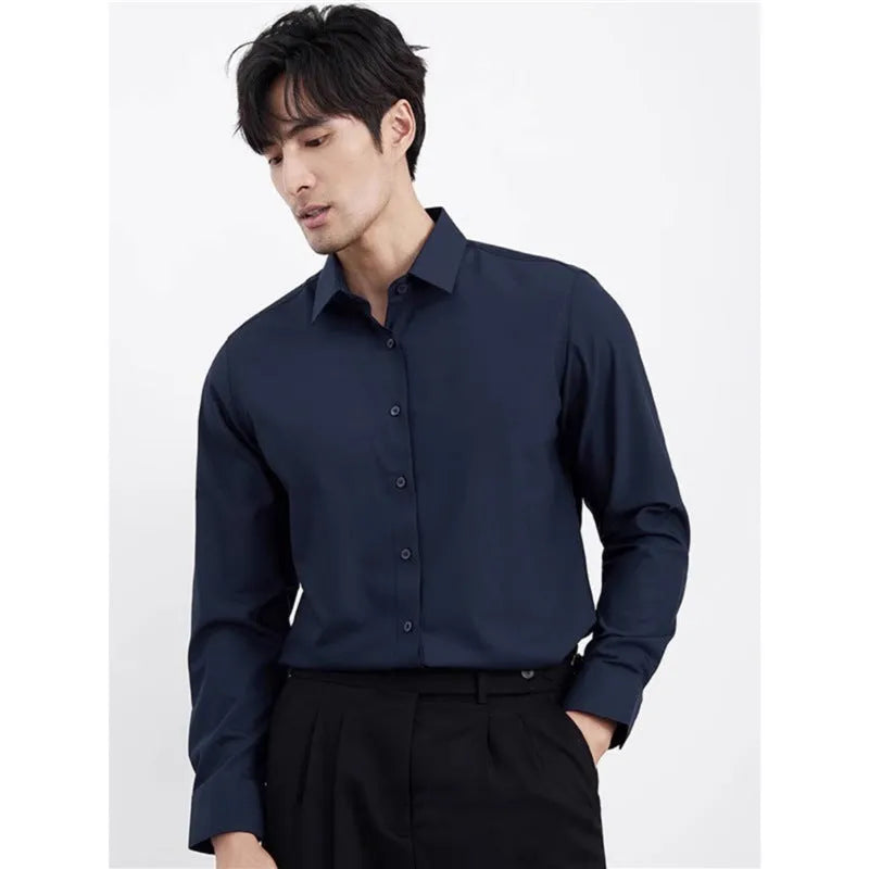Men's wine red slim fit long sleeve shirt with a cardigan style and non-iron fabric.