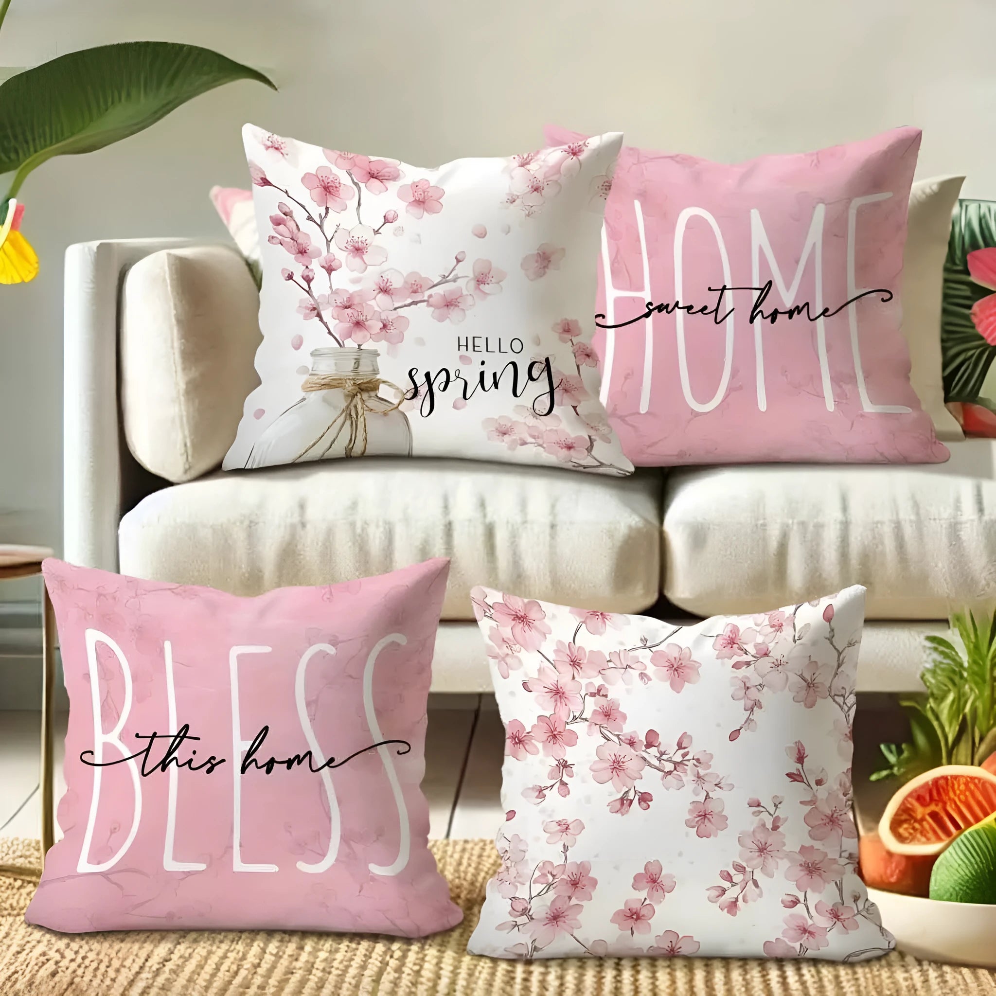 45cm square short velvet cushion cover with cherry blossom and letter design in four colour options
