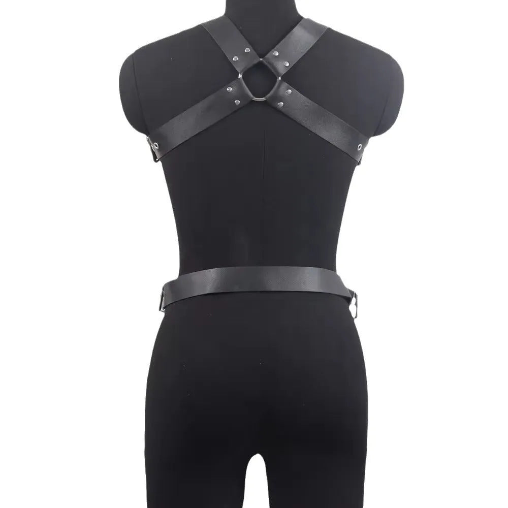 Black leather binding suit with pin buckle fastening for waist shaping