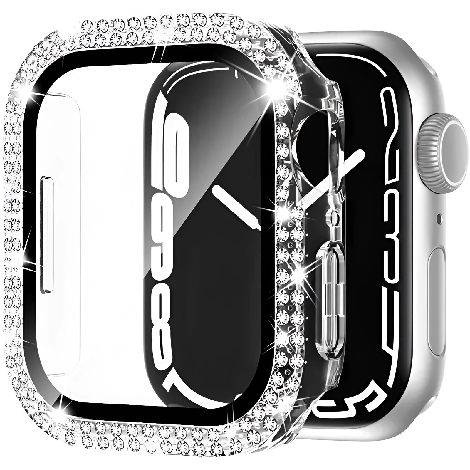 Apple Watch with a protective case and Double Diamond Glass screen protector in rose gold colour