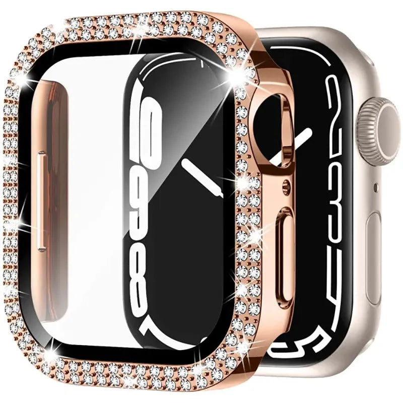 Apple Watch with a protective case and Double Diamond Glass screen protector in rose gold colour